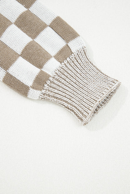 Brown Checkered Open Front Drop Shoulder Cardigan