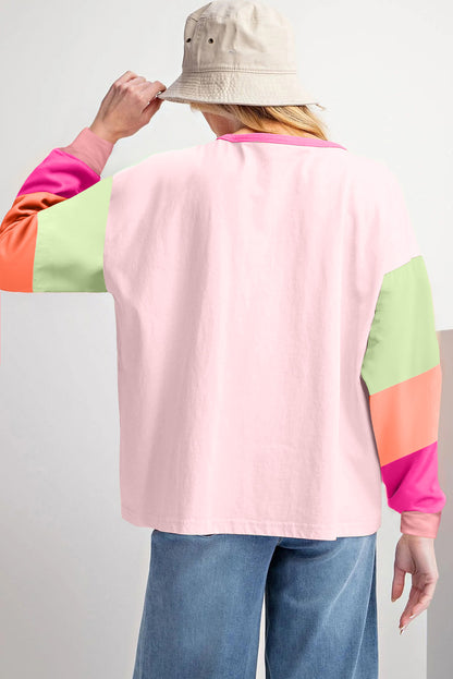 Rosa, lockeres Oberteil mit Farbblock-Patchwork und langen Ärmeln