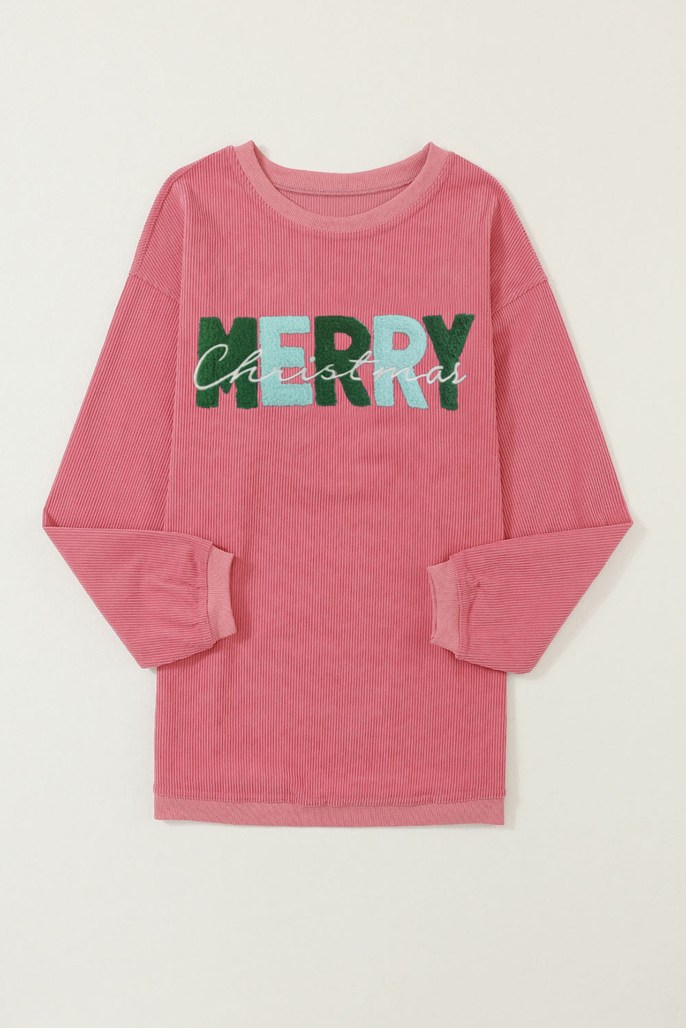 Erdbeerrosa „MERRY Christmas“ Chenille-Sweatshirt mit Stickerei