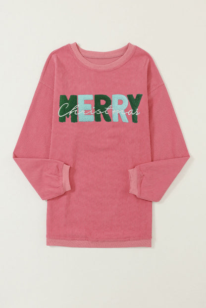 Erdbeerrosa „MERRY Christmas“ Chenille-Sweatshirt mit Stickerei