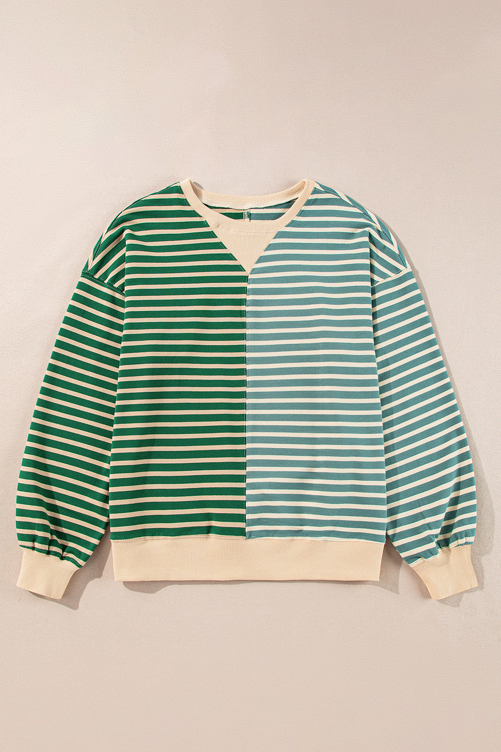 Grün gestreiftes, lässiges, gestreiftes Colorblock-Sweatshirt mit überschnittener Schulter