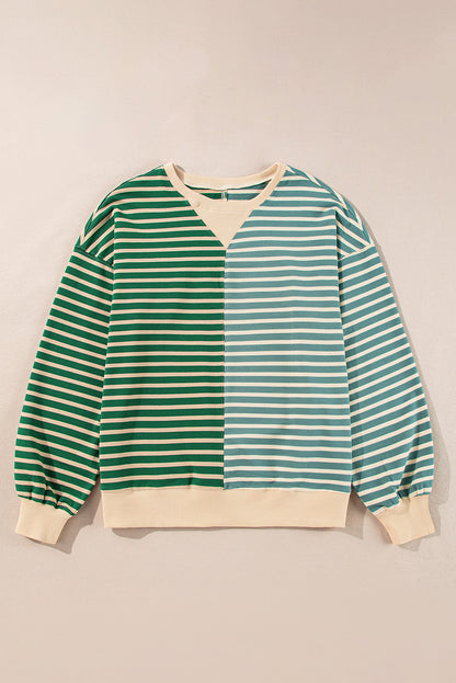 Grün gestreiftes, lässiges, gestreiftes Colorblock-Sweatshirt mit überschnittener Schulter