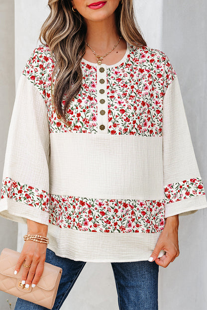 Red Floral Print Gauze Patchwork Henley Button 3/4 Sleeve Blouse