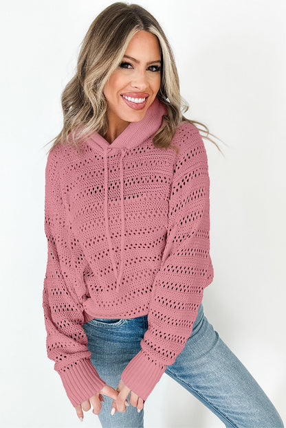 Pfirsichblüten-Pointelle-Strickpullover mit Raglanärmeln und Kapuze