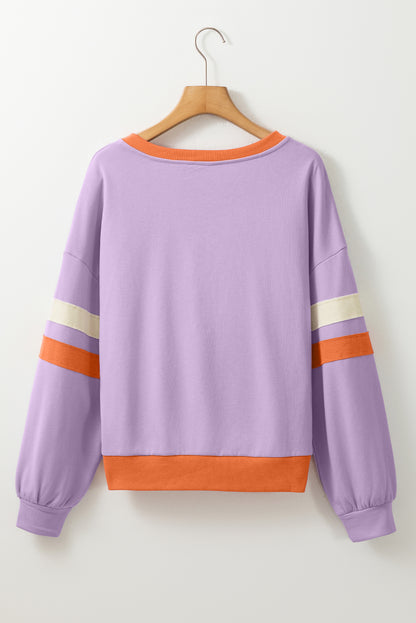 Orchid Bouquet Kontrast Rippstrick Patchwork Überschnittene Schultern V-Ausschnitt Sweatshirt