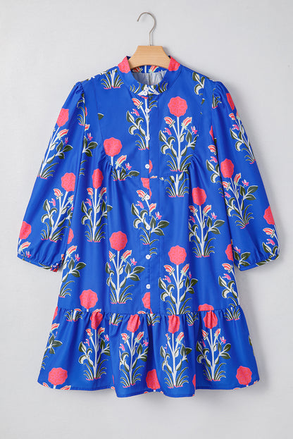 Blue Floral Print Button Detail 3/4 Puff Sleeve Ruffle Hem Dress