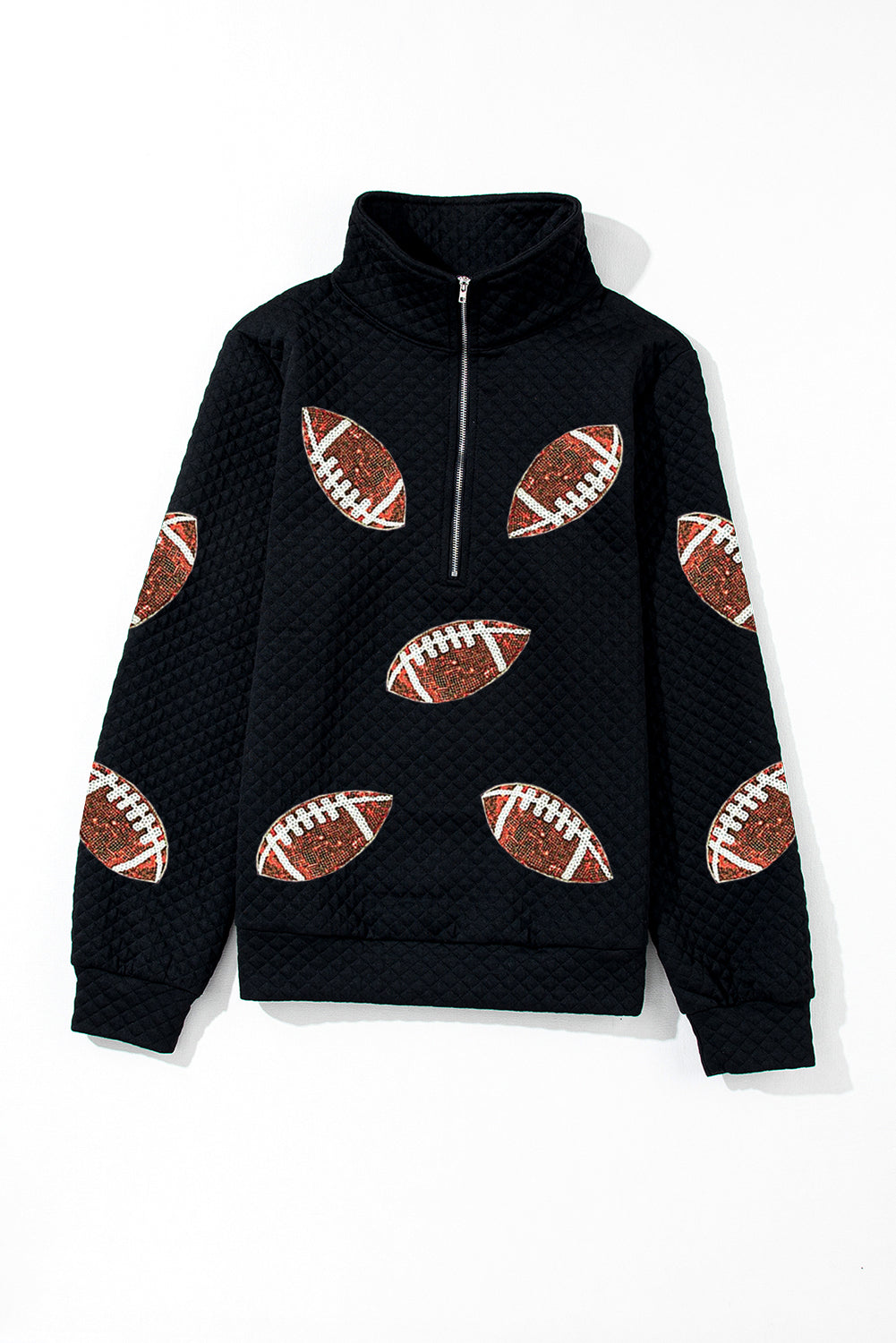Schwarzes, strukturiertes Rugby-Football-Sweatshirt mit Viertelreißverschluss und Pailletten
