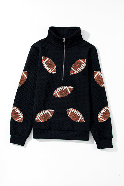 Schwarzes, strukturiertes Rugby-Football-Sweatshirt mit Viertelreißverschluss und Pailletten