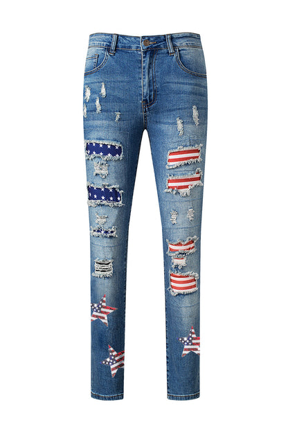 Himmelblaue, gerade Jeans mit Pailletten und amerikanischer Flagge und Stern-Grafik im Used-Look