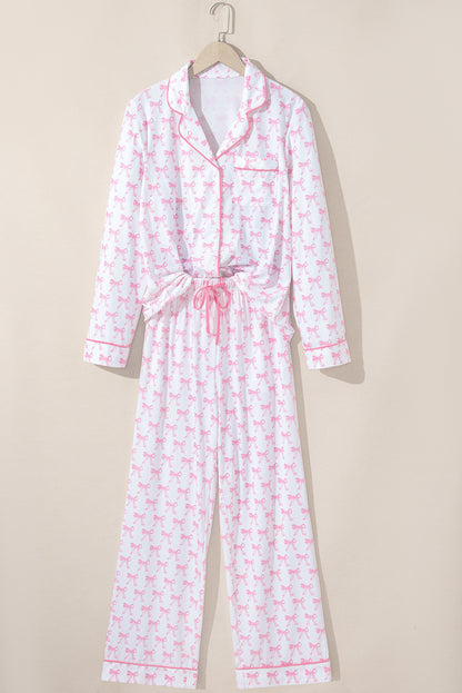 Pink Bow Print Long Sleeve Shirt and Pants Soft Pajama Set