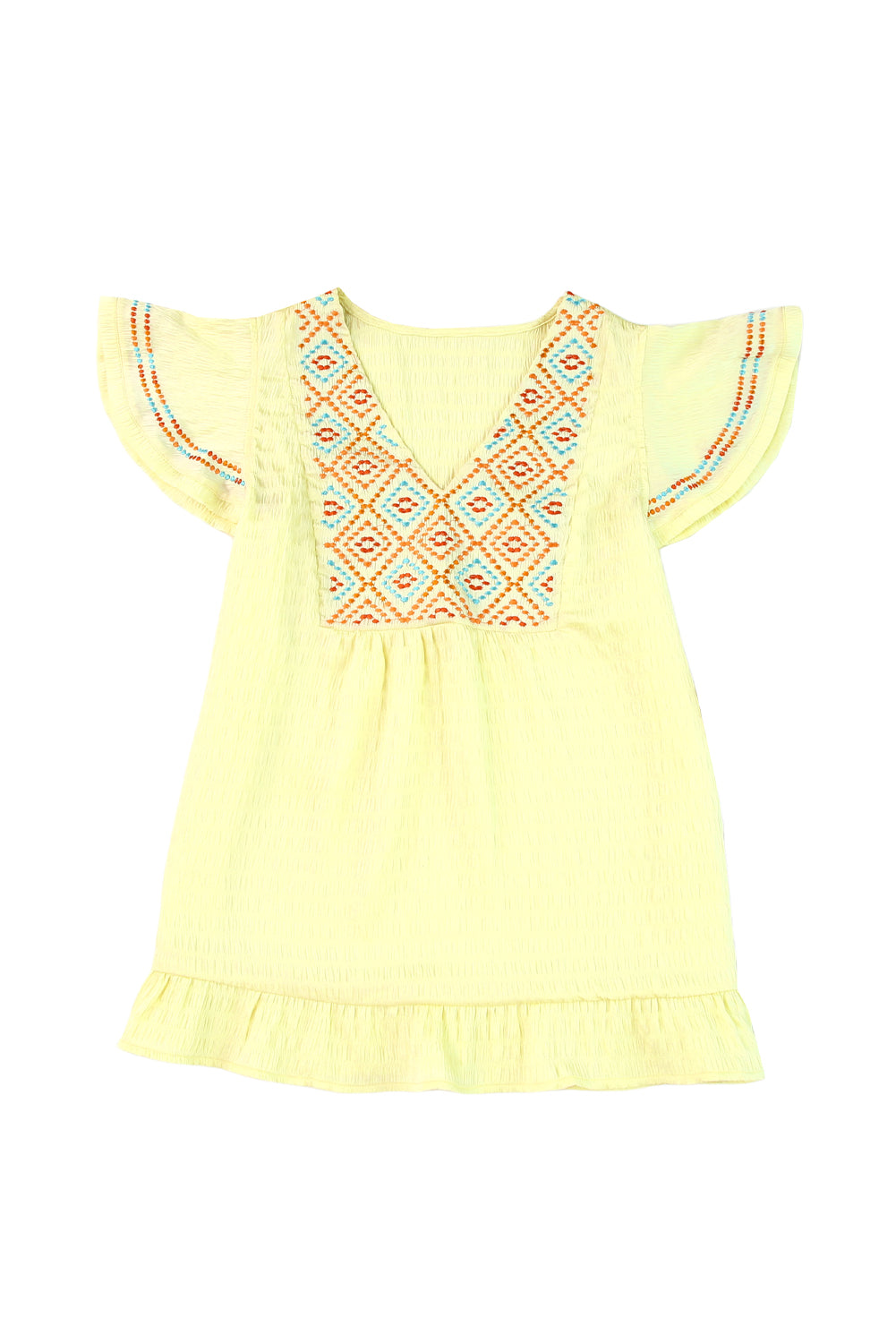 Yellow Geometric Embroidery Textured Top with Ruffles