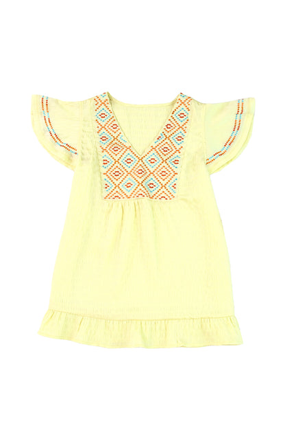 Yellow Geometric Embroidery Textured Top with Ruffles