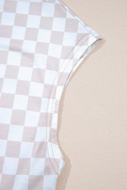 Aprikosenfarbener Jumpsuit mit weitem Bein und Karomuster, Rundhalsausschnitt und Knöpfen