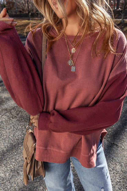 Mineralrotes zweifarbiges Patchwork-Pullover-Sweatshirt mit überschnittener Schulter