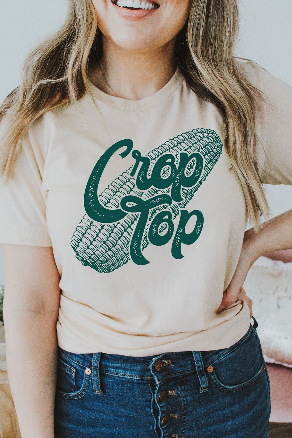 Khakifarbenes Crop-Top mit Mais-Grafik