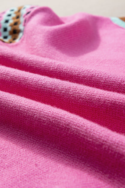 Hellrosa Pullover mit Rundhalsausschnitt und Flügelärmeln im Kontrastmuster