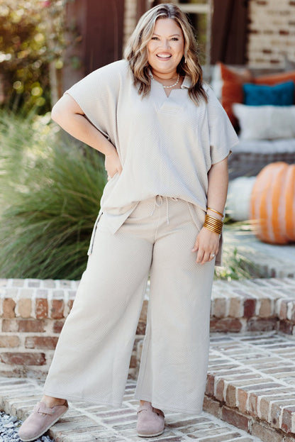 Beiges Plus Size Set aus strukturiertem Oberteil und Hose mit Kragen