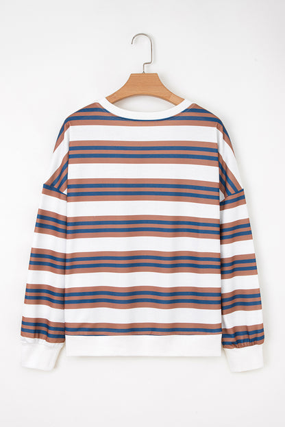 Brown Stripe Crew Neck Drop Shoulder Pullover Sweatshirt