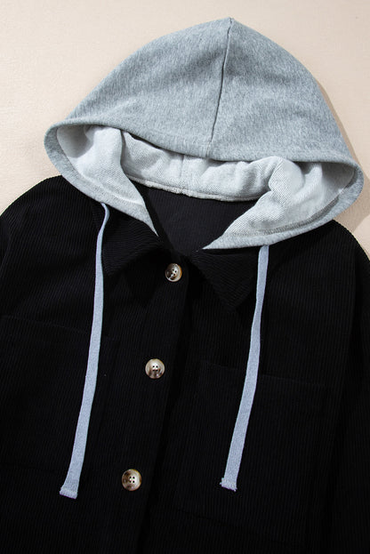 Schwarze Cordjacke mit Kapuze, Kordelzug und Taschen