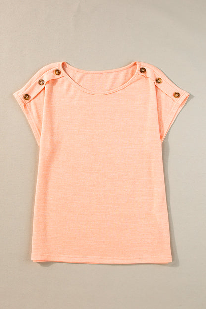Aprikosenrosa Lässiges T-Shirt mit Fledermausärmeln und Knopfdetail