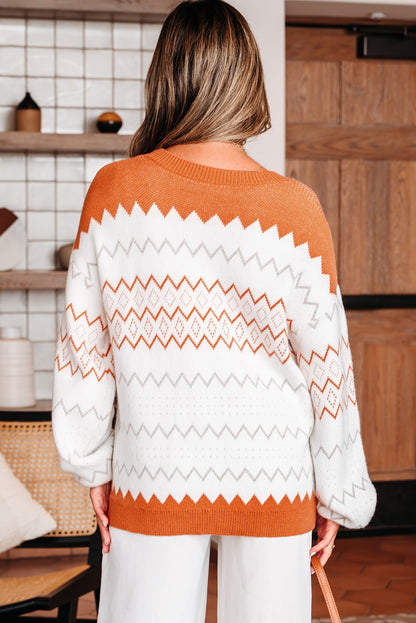 Khaki Zigzag Geometric Pattern Knitted Pullover Sweater