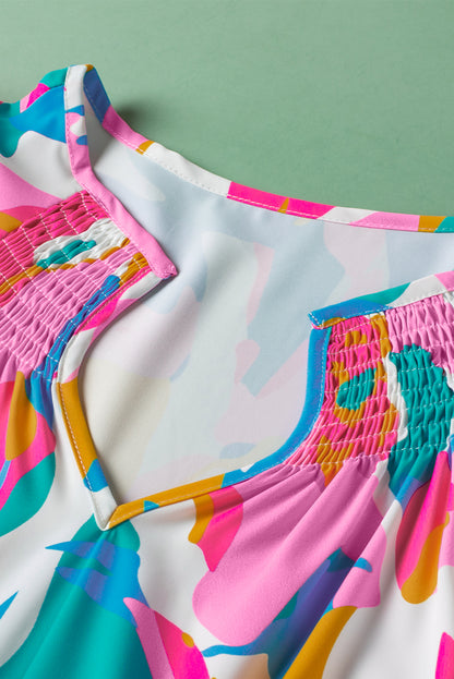 Mehrfarbige Bluse mit abstraktem Print, gekerbtem Ausschnitt und flatternden Ärmeln