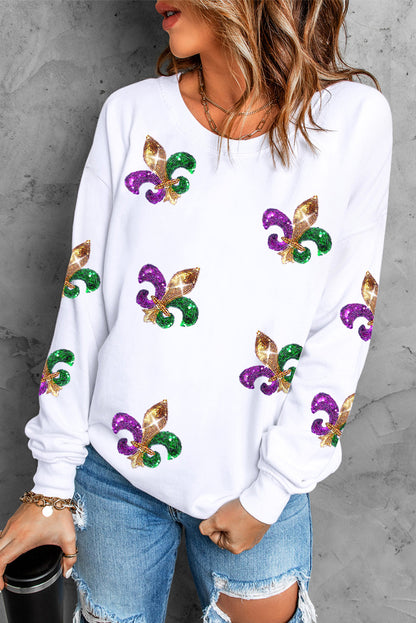 Weißes Pullover-Sweatshirt mit Mardi Gras-Grafik und Pailletten