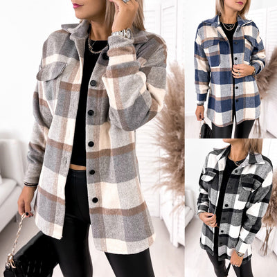 Long-Sleeved Single-Breasted Plaid Print Woolen Jacket