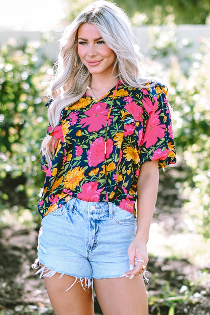 Rose Red Floral Bubble Sleeve Notch V Neck Ruffled Blouse