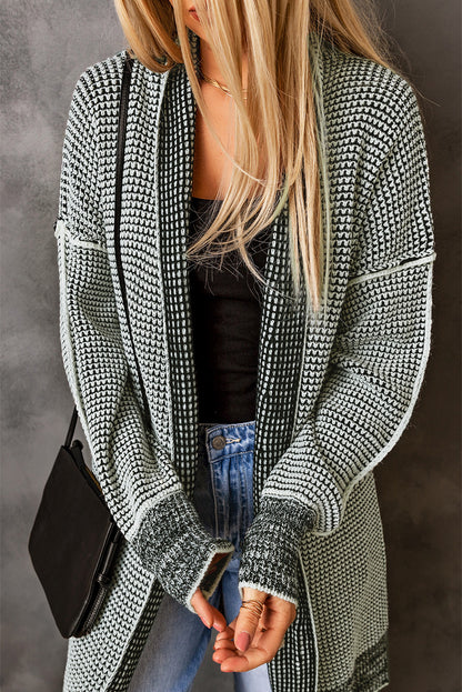 Grau karierte, lange Strickjacke mit offener Vorderseite
