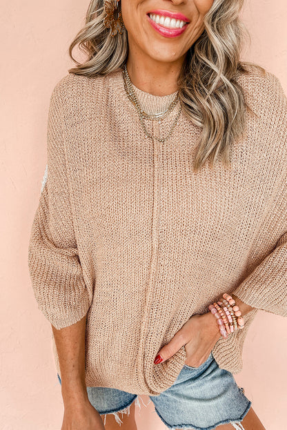 Pullover mit Rundhalsausschnitt und 3/4-Ärmeln in hellem Französisch-Beige mit Kontraststreifen