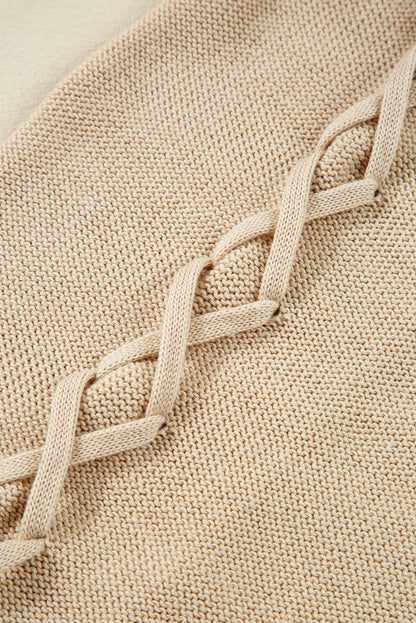 Parchment Cable Knit Braided Tie Sleeve Plus Size Open Cardigan