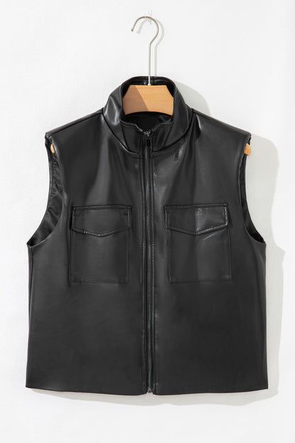 Black Double Flap Pocket Faux Leather Zip Up Stand Neck Vest