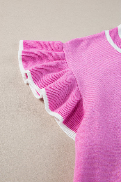 Bonbon Edge Piping Strickoberteil mit Rüschenärmeln und Rundhalsausschnitt