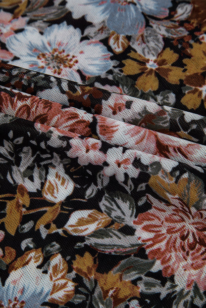 Braune, florale, langärmlige Etui-Bluse aus Netzstoff mit hohem Halsausschnitt
