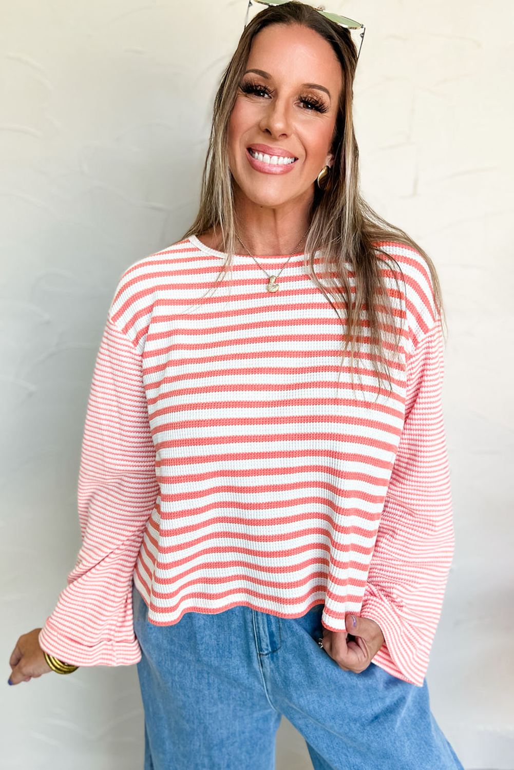 Pink Stripe Textured Contrast Dropped Long Sleeve Top