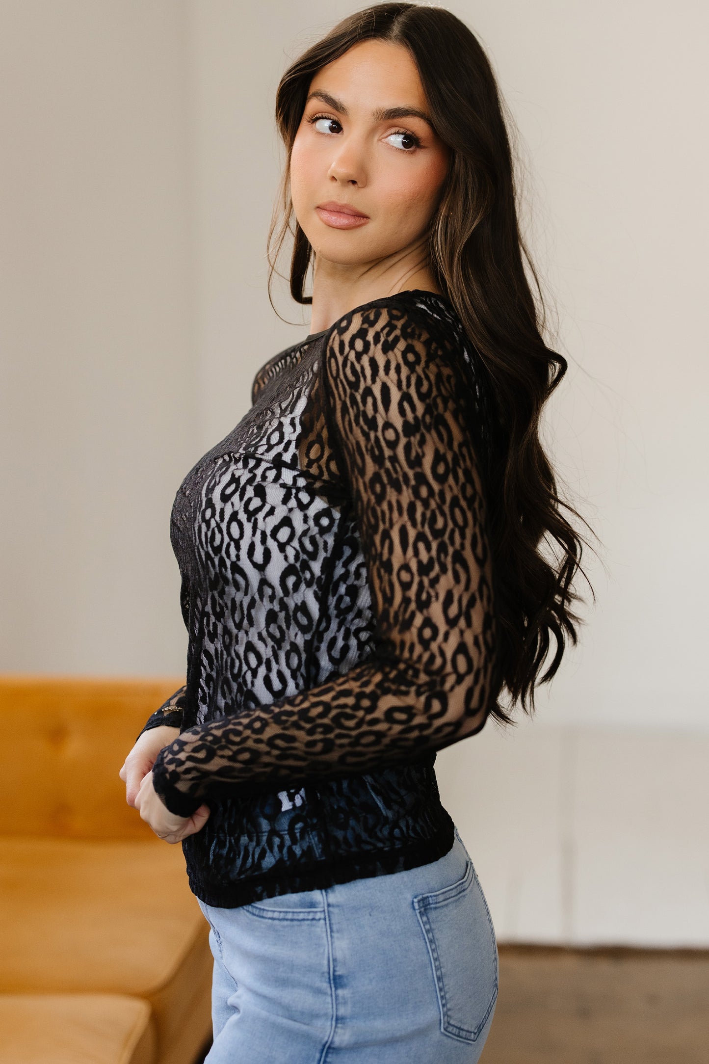 Black Leopard Pattern Sheer Mesh Long Sleeve Top