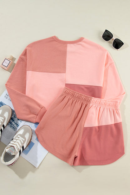 Pfirsichblüten-Colorblock-Patchwork-Langarm-Shorts-Outfit
