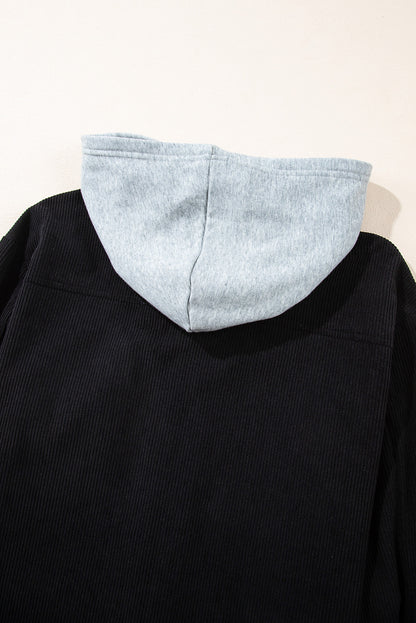 Schwarze Cordjacke mit Kapuze, Kordelzug und Taschen