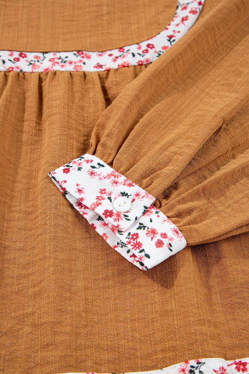 Straw Yellow Split Neck Pleated Floral Trim Long Puff Sleeve Blouse