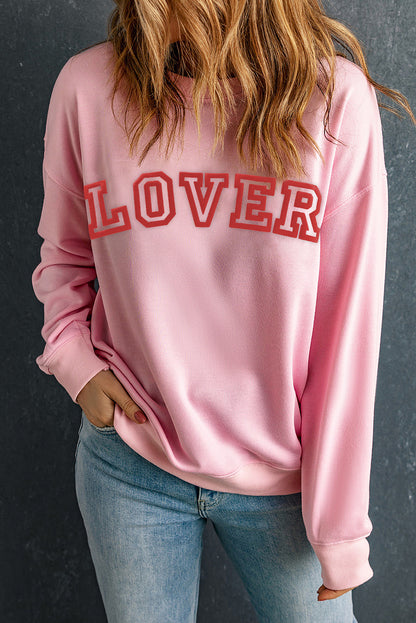 Pinkes LOVER Pullover-Sweatshirt mit Puff-Print und überschnittener Schulter