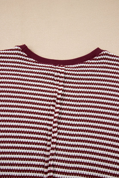 Red Stripe Ribbed Trim Drop Shoulder Long Sleeve Oversize Top