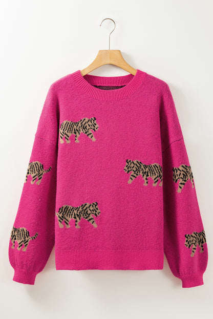 Rosaroter, lässiger Strickpullover mit wildem Tiermuster