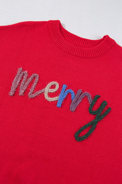 Feurig-roter Lametta Merry Letter Baggy Pullover mit tief angesetzter Schulterpartie