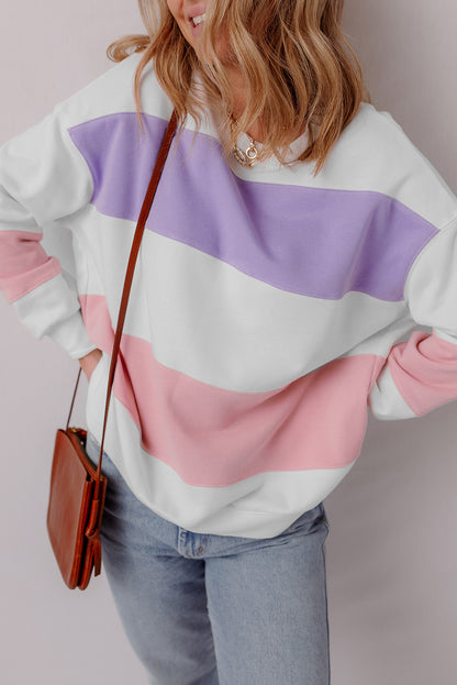 Beiges Sweatshirt mit Rundhalsausschnitt und Patchwork-Farbblockdesign mit überschnittener Schulter