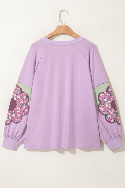 Phalaenopsis Flower Patch Colorblock Plus Size Pullover Top