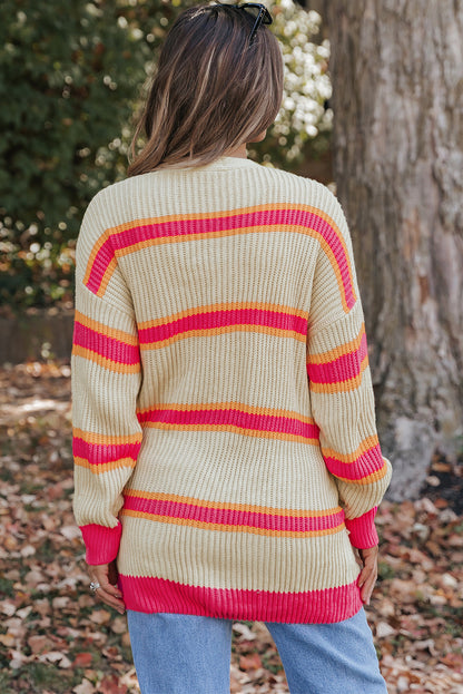 Gerippter, langer Cardigan mit Streifenmuster