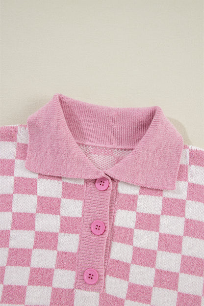 Rosa karierter Pullover mit Knöpfen, Kragen, V-Ausschnitt und überschnittenen Schultern