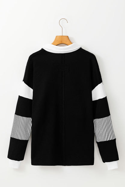 Schwarzes Sweatshirt mit gestreiftem Colorblock-Patchwork-Kragen