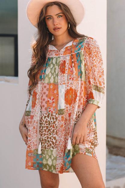 Oranges Boho Paisley Mix Print 3/4 Ärmel Chiffon Lockeres Kleid